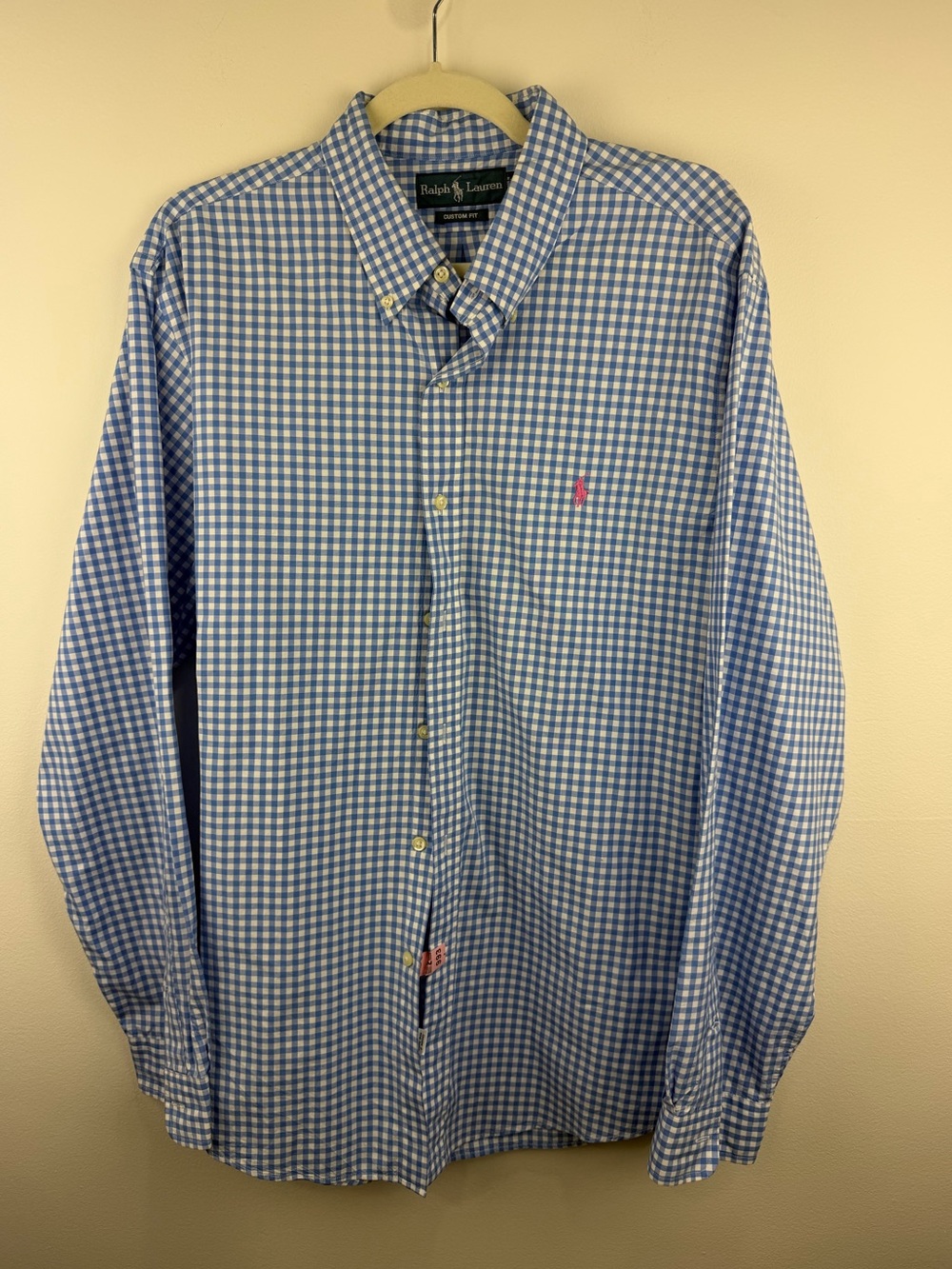 Ralph Lauren Men’s XL Blue White Gingham Custom Fit Shirt Pink Pony